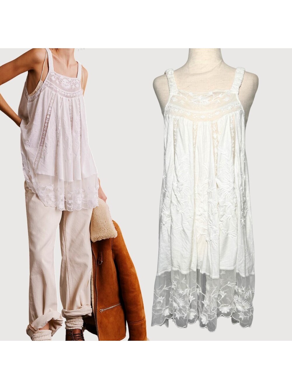 Free People Trinity Embroidered Lace Tunic Dress Ivory S